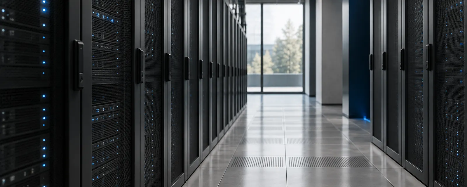 Kalter Gang in einem Rechenzentrum mit Reihen schwarzer Server-Racks