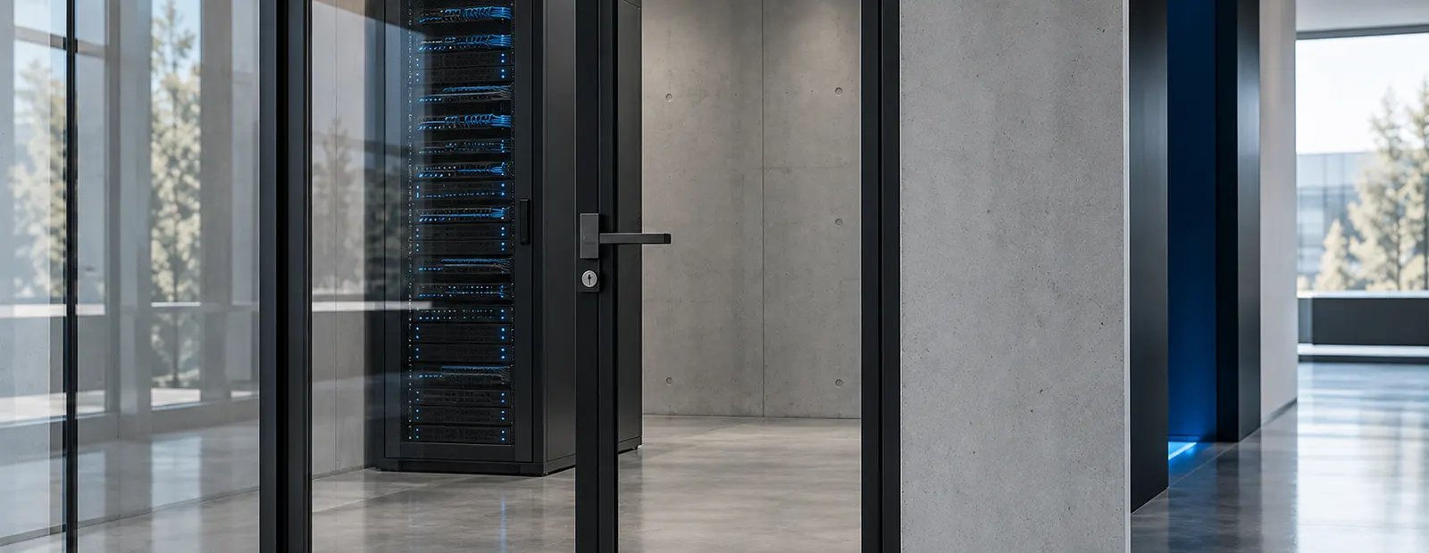 Abgeschlossener Serverraum mit einem einzelnen Server-Rack hinter einer Glastür